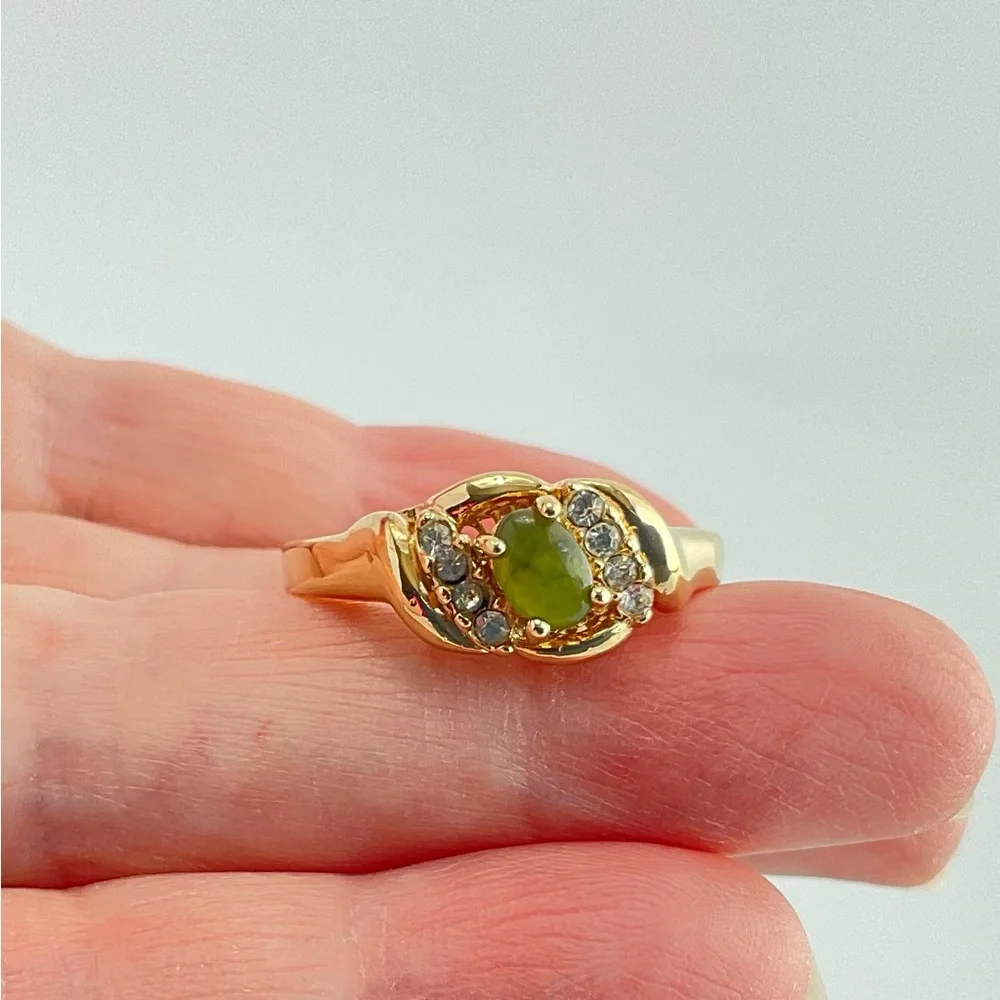 Jade & Clear Stones Gold Plated Ring, Unisex, Nephrite Jade Cabochon